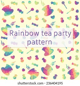 Background with candies, lollipops and hot cups of tea. Rainbow triangles for your design. 