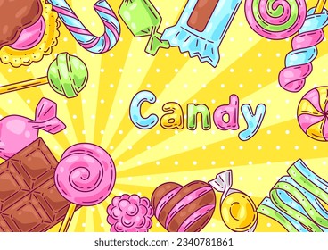 Fondo con caramelos y dulces. Diseño para pastelería o dulces.