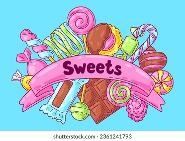 Background with candies and sweets. Design for confectionery or candy shop.