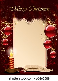 Background with candle, Christmas balls and stars, illustration