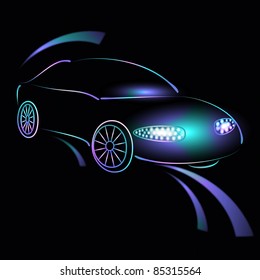 Background from a car silhouette in neon light, light of headlights