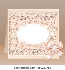 background card with a bow and delicate flower and precious stones