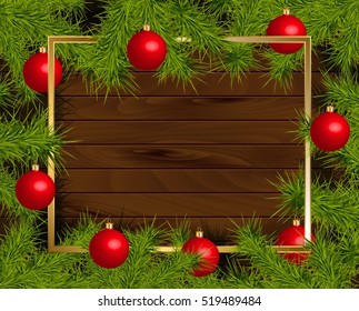 Background with card and Christmas balls frame, vector illustration