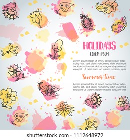 Background card with flowers. Hand drawn floral elements. Enjoy summer text Vector template banners for poster, invitation, flyer, party, wedding, brochure