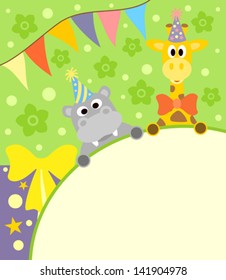  Background card with funny hippopotamus and giraffe
