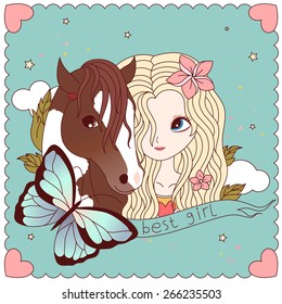 Background or card for a girl. Romantic poster with text. Birthday card template. Vector illustration.