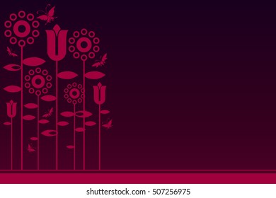 background card. Greeting or invitation design purple background with flowers. Vector illustration. Violet. Colorful flower background, EPS10 vector. butterfly