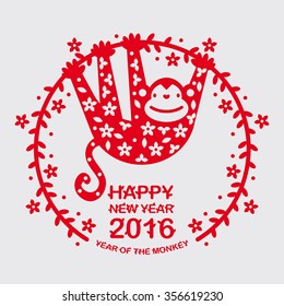 Background, card, happy new year chinese paper cut, red, floral, happy monkey, year of the monkey 