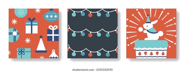 Background card illustration set for birthday and gift ( vector holiday cute background material electric light illumination gift birthday annual event Christmas gift rabbit simple )
