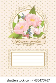 Background, card, invitation card with pink peonies, chamomiles and forget-me-nots. Pink peonies, daisies and forget-me-nots on a napkin with lace.