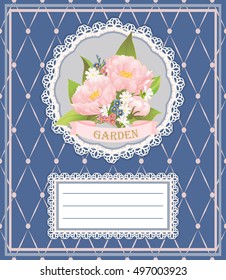 Background, card, invitation card with pink peonies, chamomiles and forget-me-nots. Pink peonies, daisies and forget-me-nots on a napkin with lace.