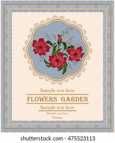Background, card, invitation with red exotic flowers. Red flowers on a napkin with lace.