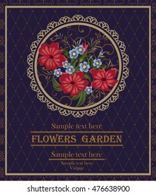 Background, card, invitation card with red flowers and forget-me-nots. Red flowers and forget-me-nots on a napkin with lace.