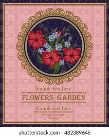 Background, card, invitation card with red flowers and forget-me-nots. Red flowers and forget-me-nots on a napkin with lace.