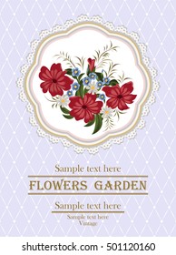 Background, card, invitation card with red flowers, chamomiles and forget-me-nots. Red flowers, daisies and forget-me-nots on a napkin with lace.