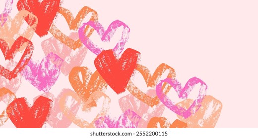 Background, card, invitation romantic design with hand drawn cards. Chalk, crayon texture red, pink hearts. Frame for text. Valentine's Day template.