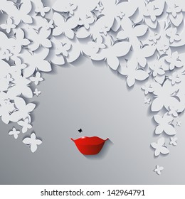 Background or card with lips and butterflies. Vector eps 10 illustration.