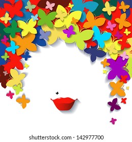 Background or card with lips and butterflies. Vector eps 10 illustration.