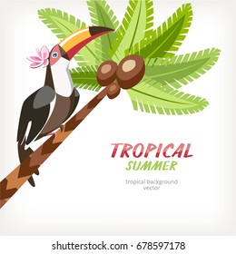 background card with palm and tropical bird toucan sitting on it