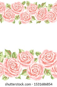 Background or card with pink roses. Beautiful realistic flowers, buds and leaves.