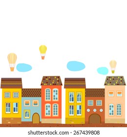 Background, card, poster with old houses with tiled roof, & balloons . Vector.