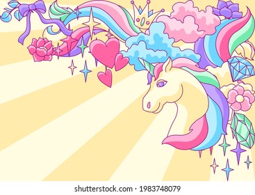 Background or card with unicorn and fantasy items.