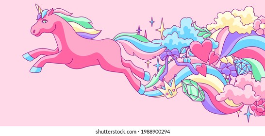 Background or card with unicorn and fantasy items.
