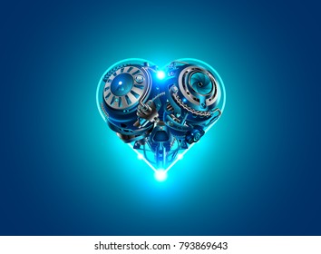 Hintergrundekarte Valentinstag in Stil, Technik, Roboter, Industrie, Cybernetik und Wissenschaft. Mechanisches Herz, Metallmechanismus in Form von Herz auf blauem Hintergrund leuchtet auf.