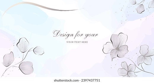 Background for a card, website, brand, dark silver flowers on a pink and blue delicate watercolor background. Vector composition for design of greeting cards, invitations, banners, wall art, prints 