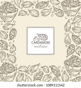 Background with cardamom: seeds and a plate with seeds cardamom. Vector hand drawn illustration