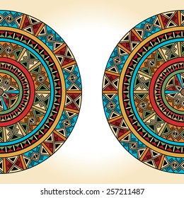 Background for cards, invitations, banners. You can use it for place any text here. Ethnic traditional colorful bright half round pattern on beige background, vector