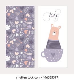 Background cards set with pattern and bear in a cup of coffee illustration 