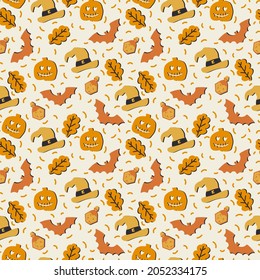 Background with carnival Halloween background. Pattern with vector illustrations of witch hats, bats, elixir. Beautiful wrapping paper doodle. October autumn background. Vector illustration