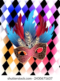Background with carnival mask congratulations on the holiday of Purim Vector