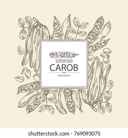 Background with carob: branch, carob pods and fruits. Super food. Vector hand drawn illustration