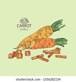 Background with carrot: full carrot and slices. Vector hand drawn illustration