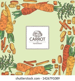 Background with carrot: full carrot and slices. Vector hand drawn illustration