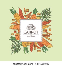 Background with carrot: full carrot and slices. Vector hand drawn illustration