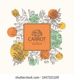 Background with carrot: full carrot and slices. Vector hand drawn illustration