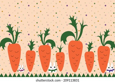 Background with carrots and small cute rabbits