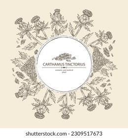 Background with carthamus tinctorius: carthamus tinctorius plant, leaves and  carthamus tinctorius flowers. wild saffron. Cosmetic, perfumery and medical plant. Vector drawn illustration