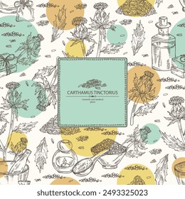 Background with  carthamus tinctorius: carthamus tinctorius plant, leaves and  carthamus tinctorius flowers. Wild saffron. Oil, soap and bath salt . Cosmetics and medical plant. Vector hand