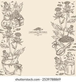 Background with  carthamus tinctorius: carthamus tinctorius plant, leaves and  carthamus tinctorius flowers. Wild saffron. Oil, soap and bath salt . Cosmetics and medical plant. Vector hand