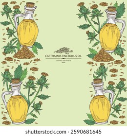 Background with carthamus tinctorius: carthamus tinctorius plant, leaves, carthamus tinctorius flowers and bottle of carthamus tinctorius oil. Wild saffron. Vector hand drawn illustration