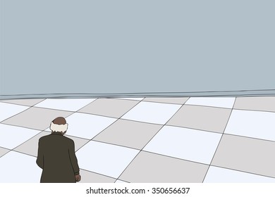 Background cartoon of balding businessman looking over floor
