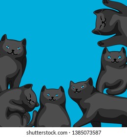 Background with cartoon black cats. Cute pets stylized illustration.