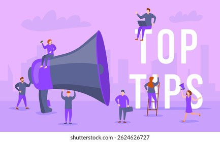 Background with cartoon business woman using megaphone and speech bubble for public announcement showing modern communication concept with voice banner and isolated face in abstract web template

