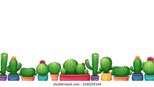 Сactus background. Cartoon cactus with flowers banner. Cute exotic succulent border. Cartoon succulents in pot. Cactus icons on white. Mexican plant, desert flowers backdrop. Tropical plant border.