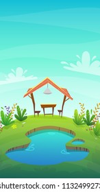 background cartoon camp tent for camping picnic barbecue at funny style lake water on a green field of grass , flowers , plants and bushes. wooden table and 2 seats , vector vertical illustration