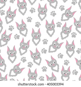 Background cartoon cats and paw prints. Children's pattern with funny cute kitties.